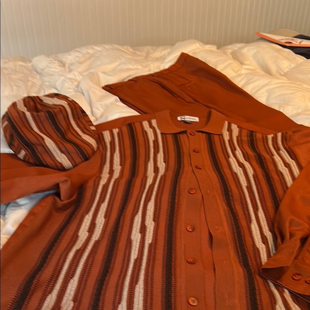 Men’s Big & Tall SilverSilk Rust w/Black & White Striped Cardigan Sweater/Slacks